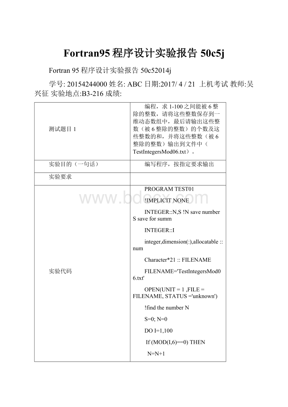 Fortran95程序设计实验报告50c5j.docx_第1页