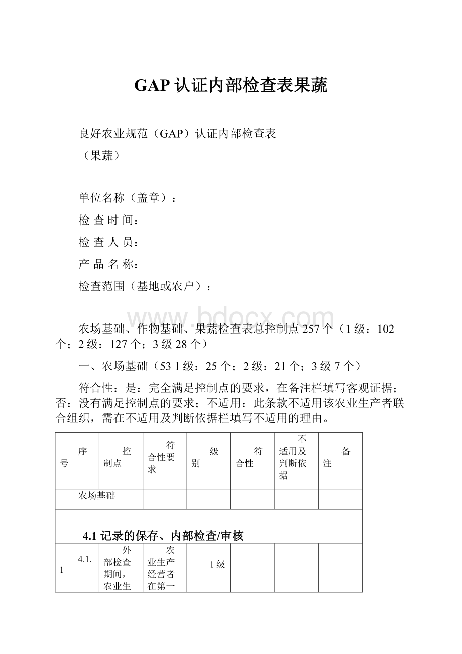 GAP认证内部检查表果蔬Word文档下载推荐.docx