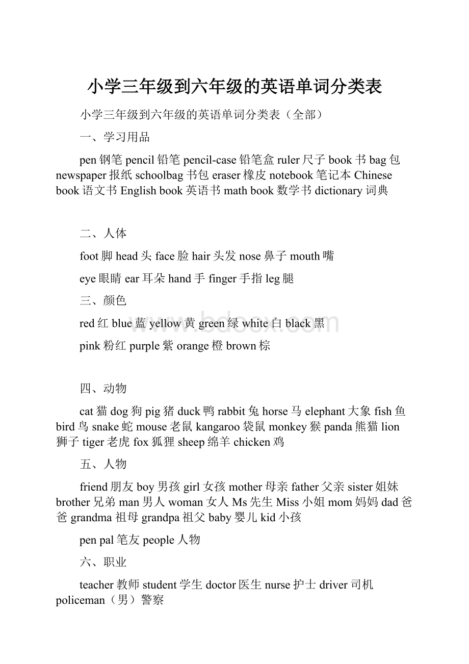 小学三年级到六年级的英语单词分类表Word下载.docx_第1页