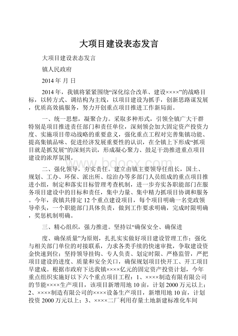 大项目建设表态发言Word文件下载.docx