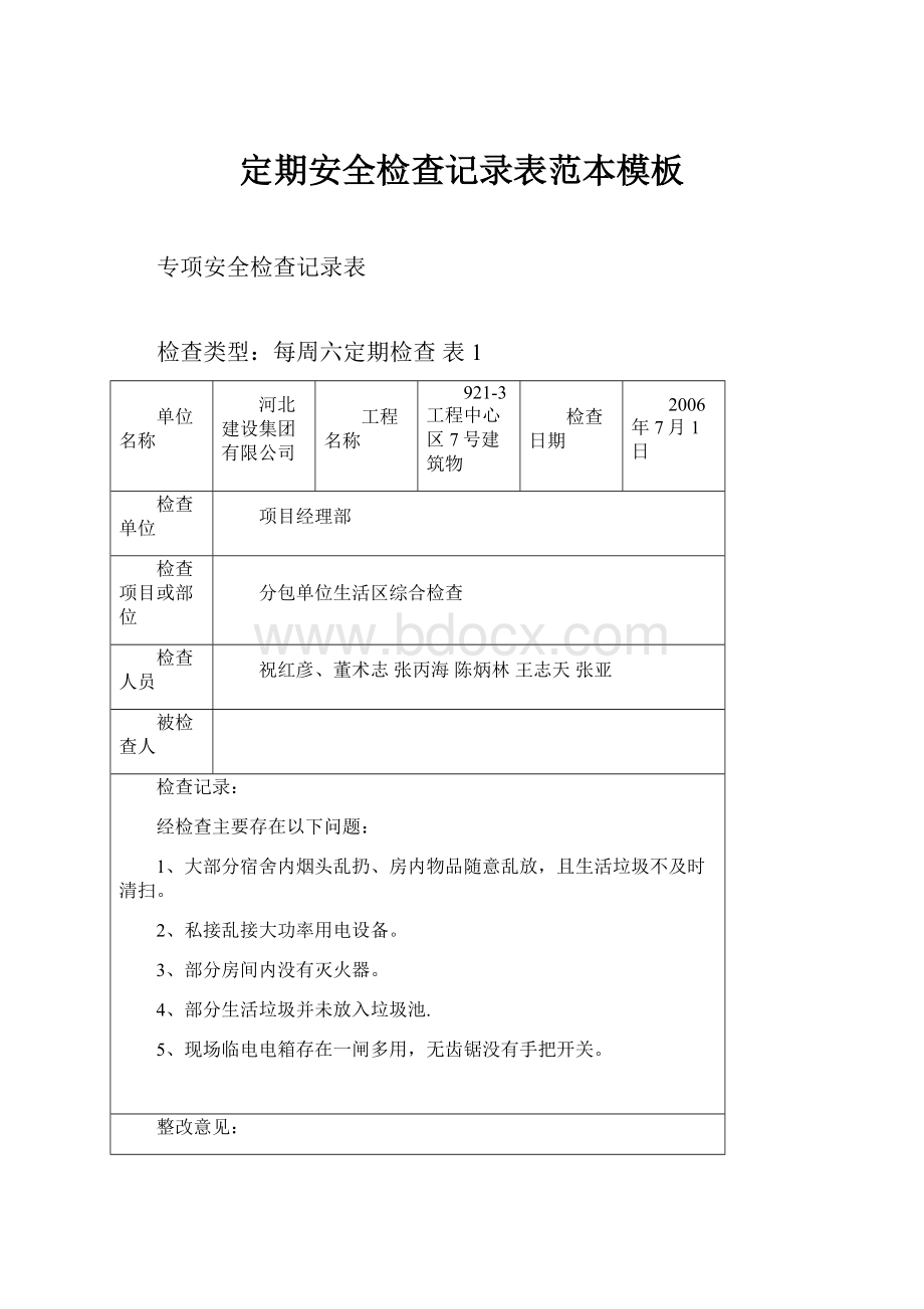 定期安全检查记录表范本模板Word格式.docx_第1页