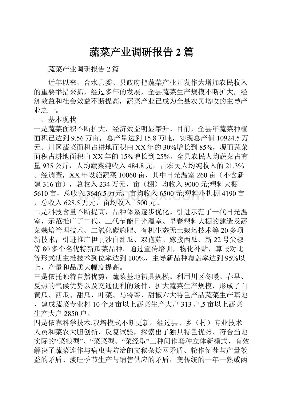 蔬菜产业调研报告2篇Word文档下载推荐.docx_第1页