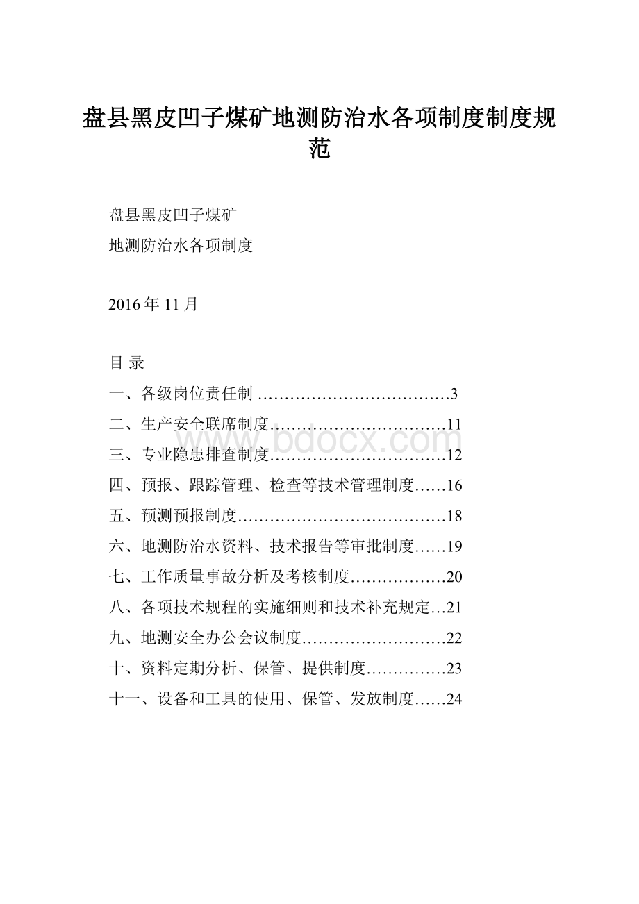 盘县黑皮凹子煤矿地测防治水各项制度制度规范Word下载.docx