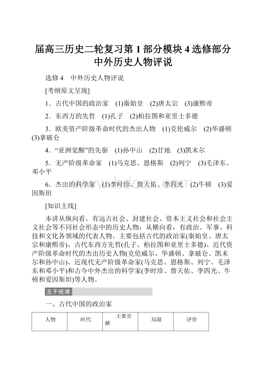 届高三历史二轮复习第1部分模块4选修部分中外历史人物评说Word文档格式.docx_第1页