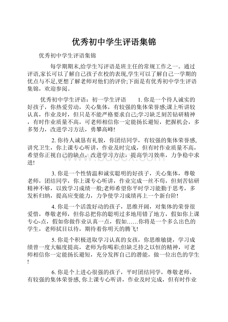 优秀初中学生评语集锦Word格式文档下载.docx