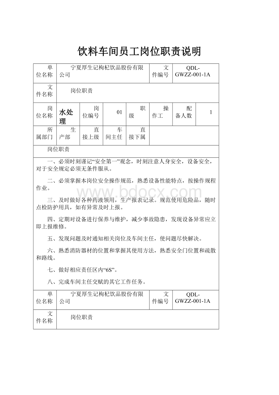 饮料车间员工岗位职责说明Word格式文档下载.docx