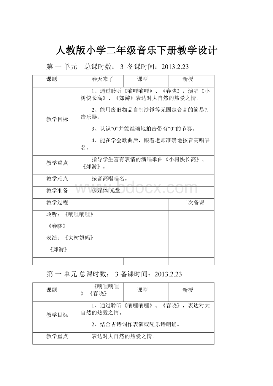 人教版小学二年级音乐下册教学设计.docx_第1页