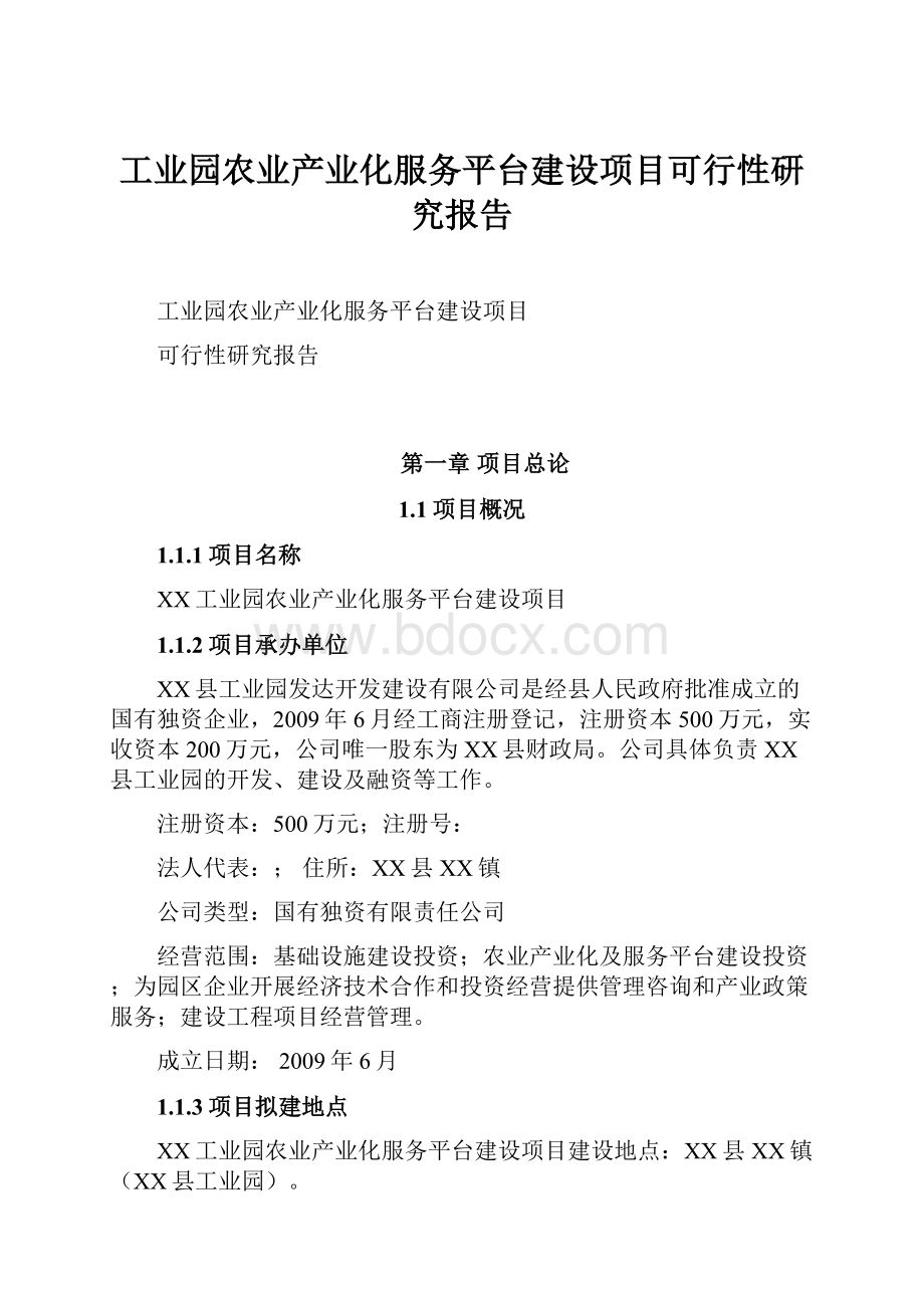 工业园农业产业化服务平台建设项目可行性研究报告.docx_第1页