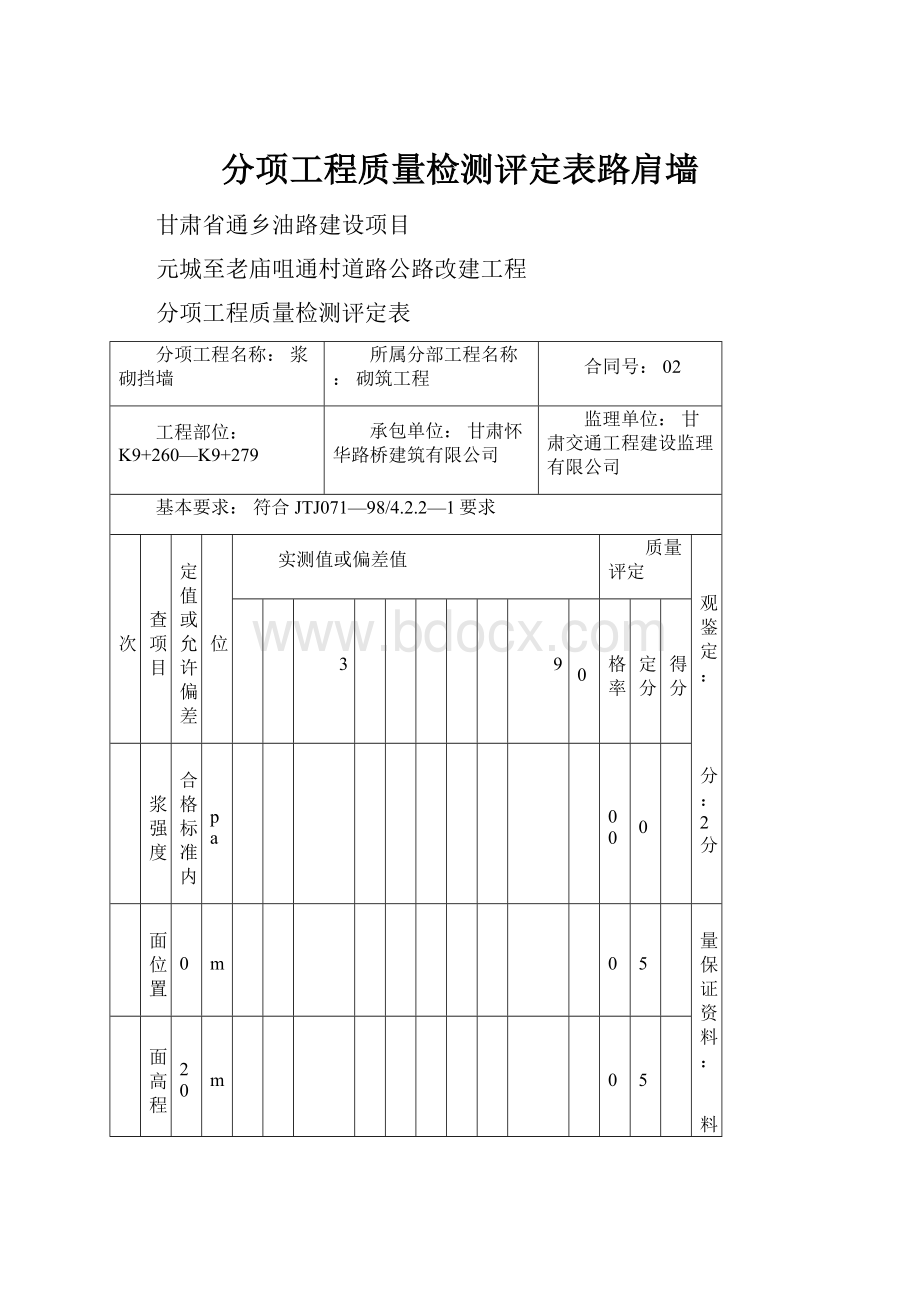 分项工程质量检测评定表路肩墙Word文档下载推荐.docx