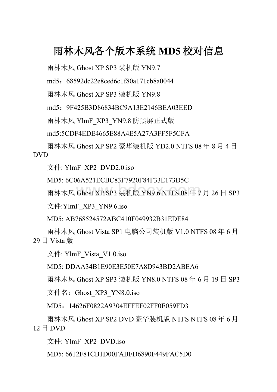 雨林木风各个版本系统MD5校对信息.docx_第1页