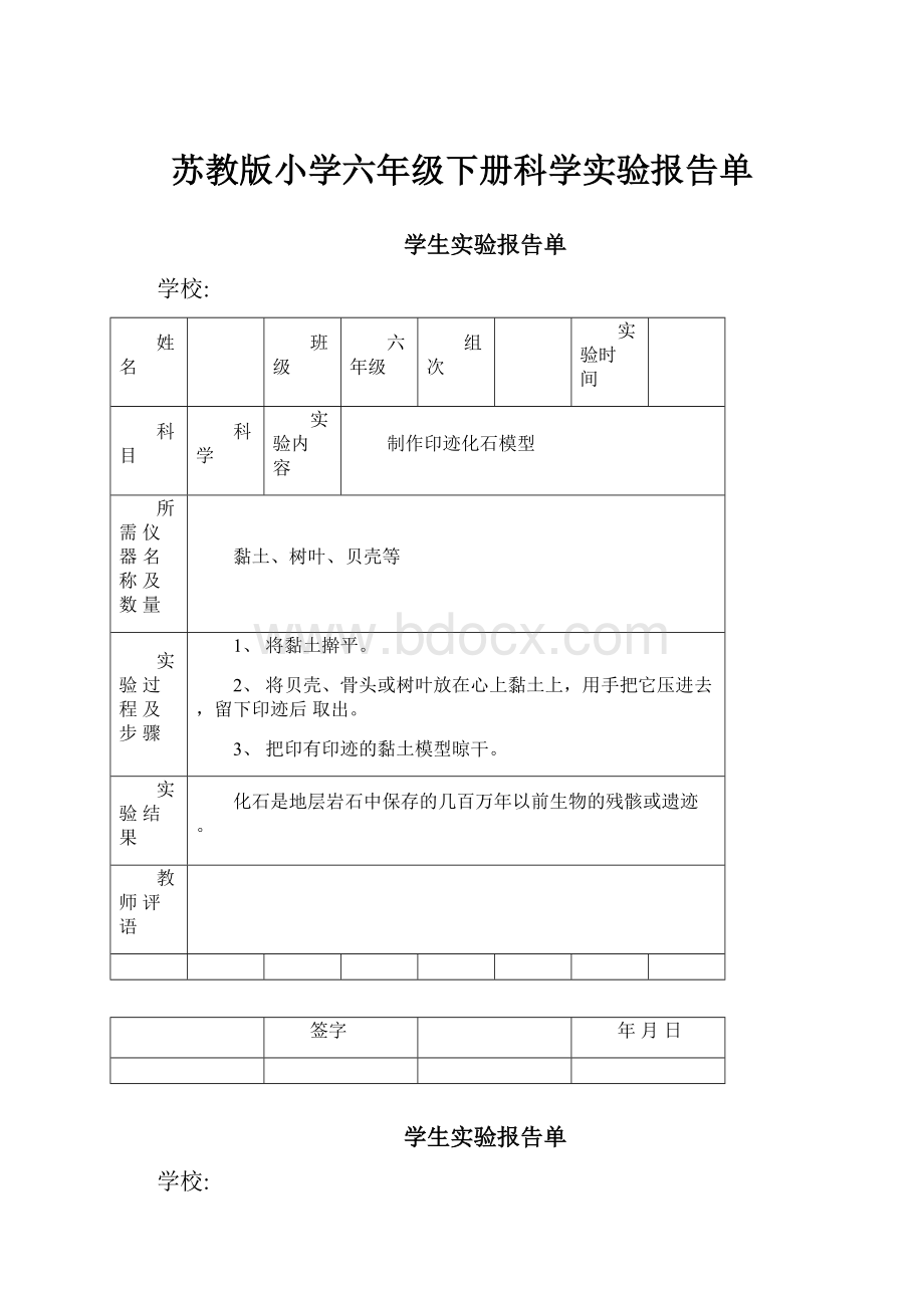 苏教版小学六年级下册科学实验报告单.docx_第1页