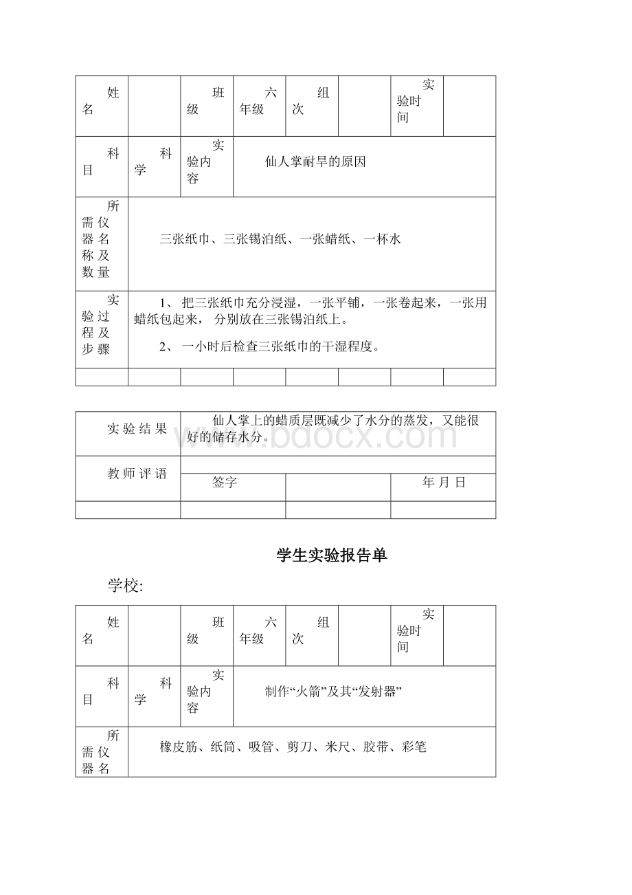 苏教版小学六年级下册科学实验报告单.docx_第2页