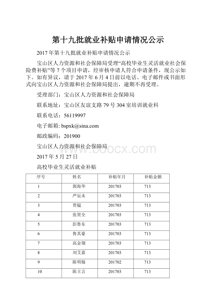 第十九批就业补贴申请情况公示.docx_第1页