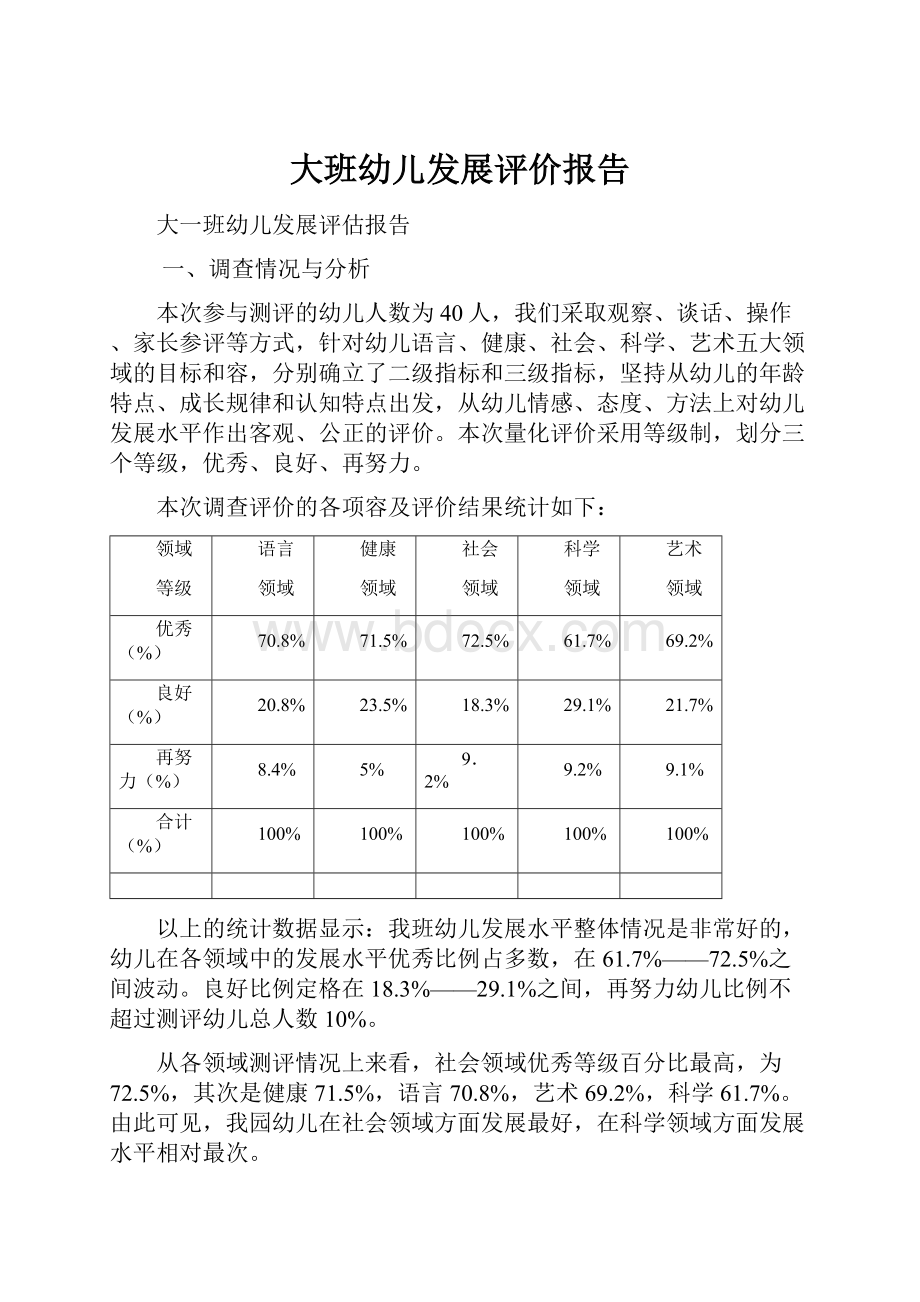 大班幼儿发展评价报告Word下载.docx