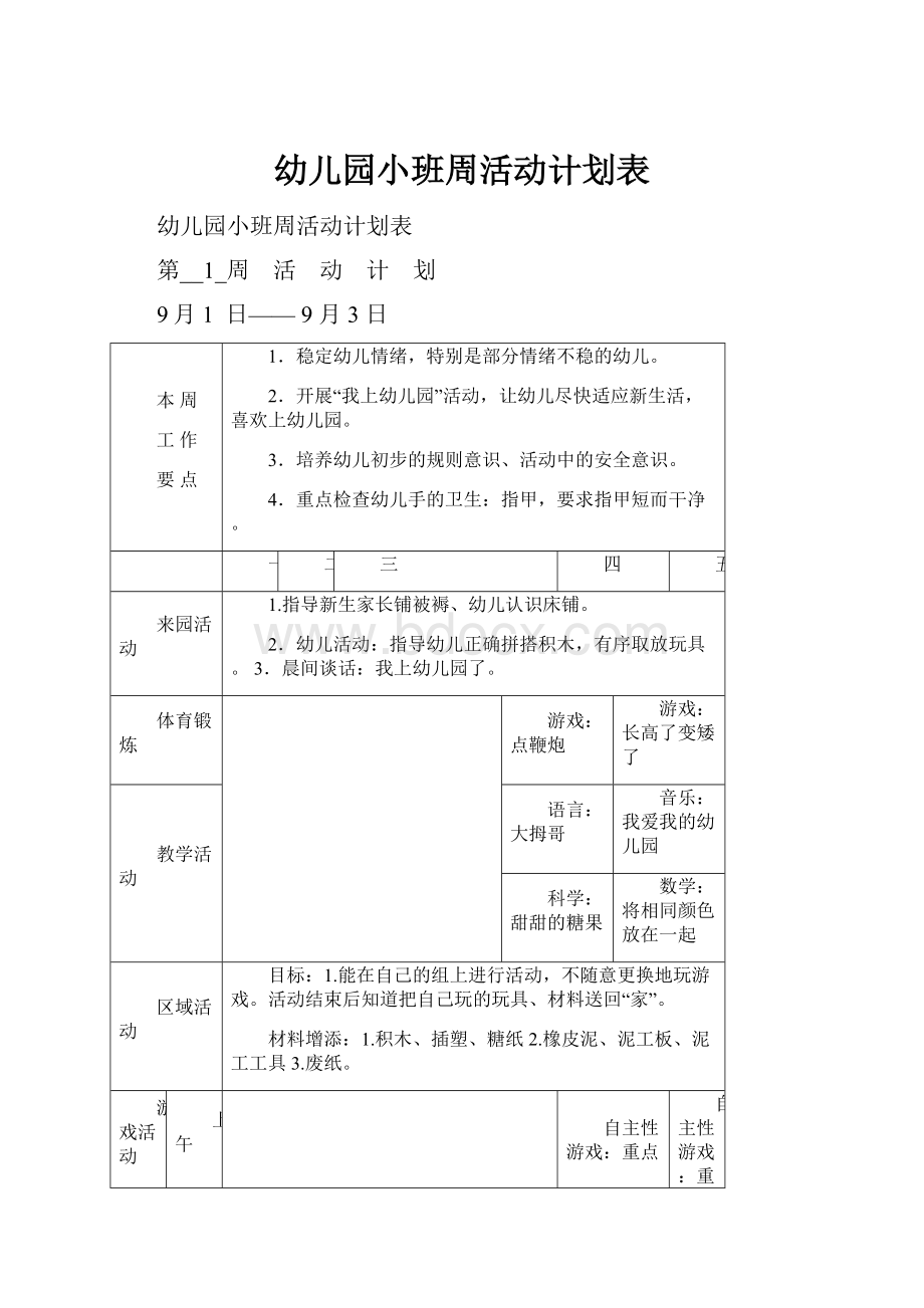 幼儿园小班周活动计划表Word下载.docx