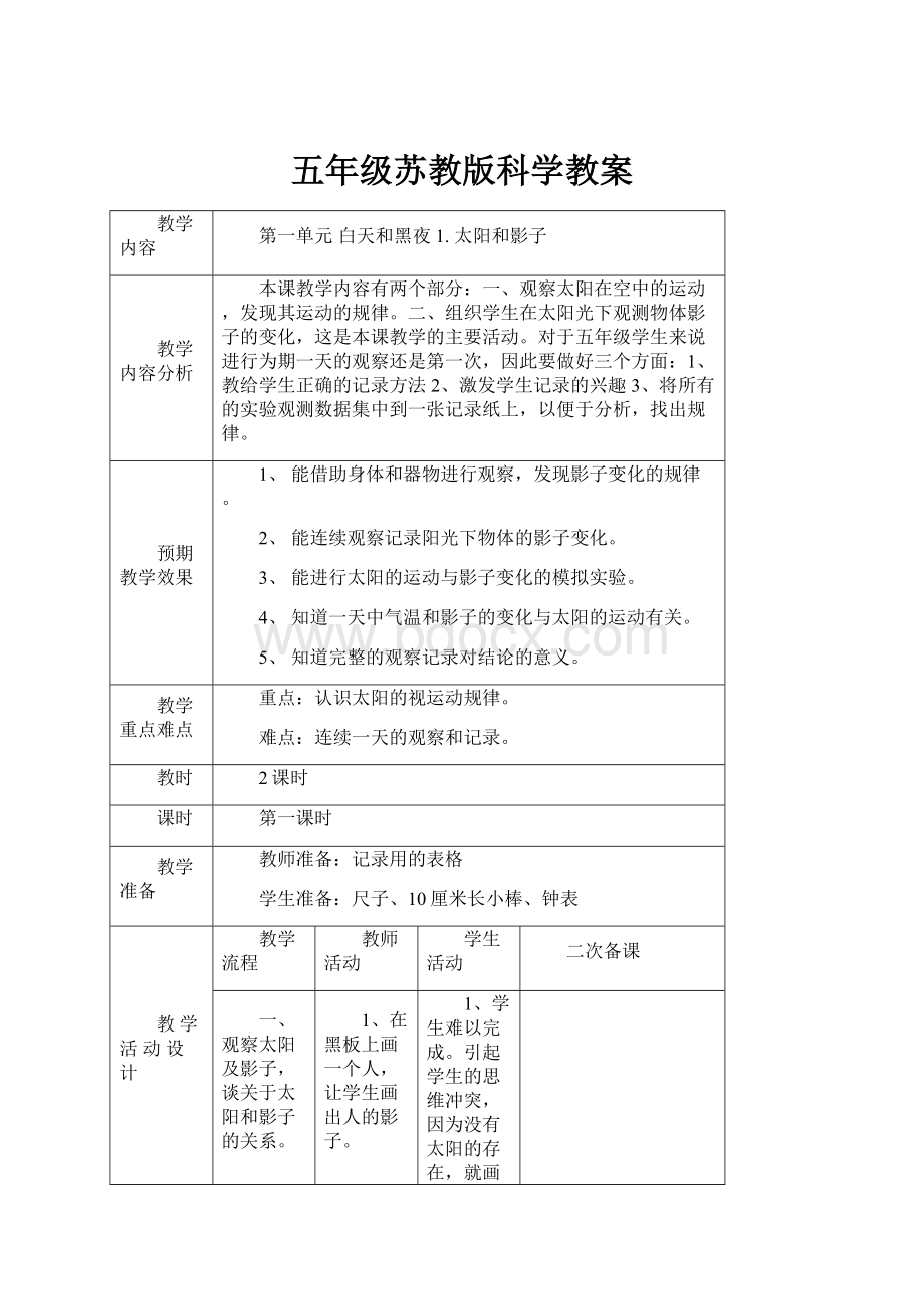 五年级苏教版科学教案.docx_第1页