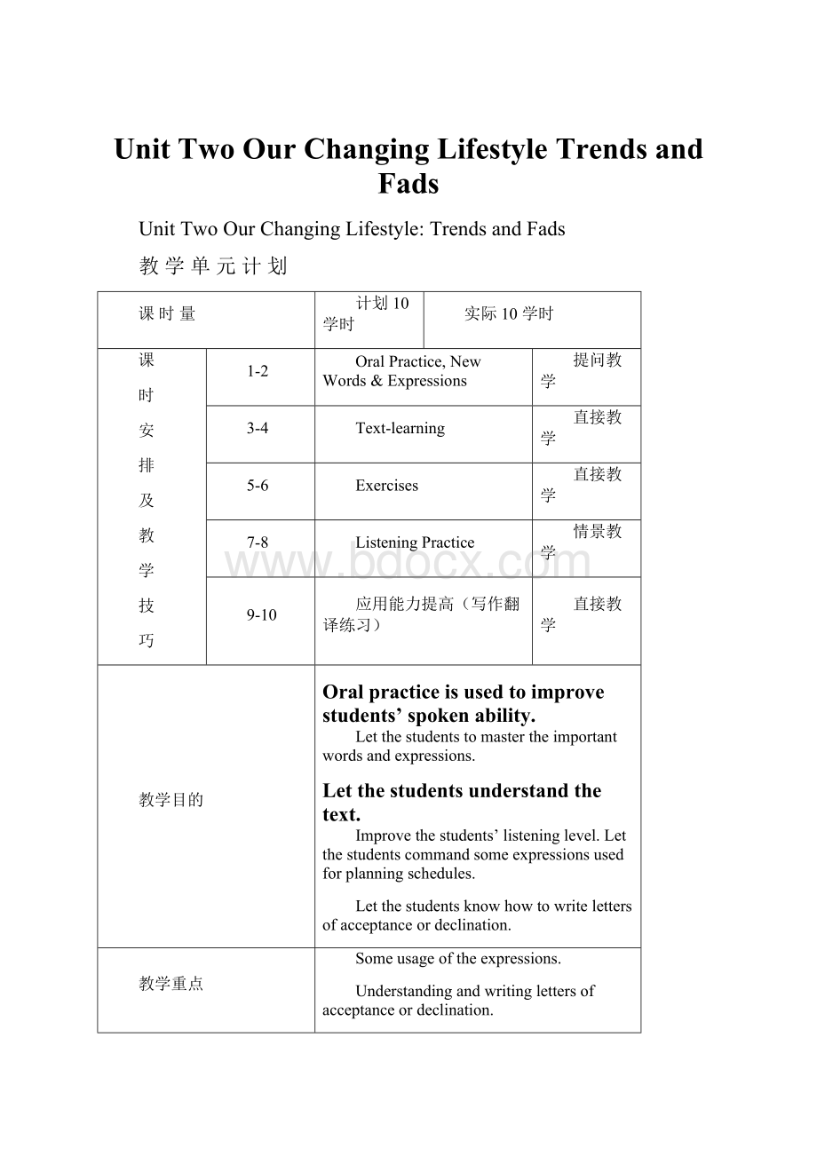 Unit Two Our Changing Lifestyle Trends and FadsWord文档下载推荐.docx_第1页