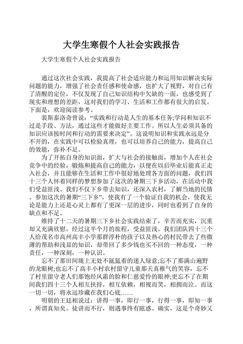 大学生寒假个人社会实践报告Word格式文档下载.docx