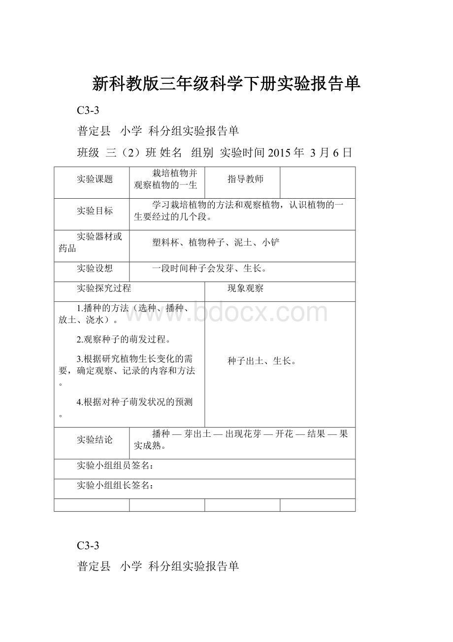 新科教版三年级科学下册实验报告单Word下载.docx