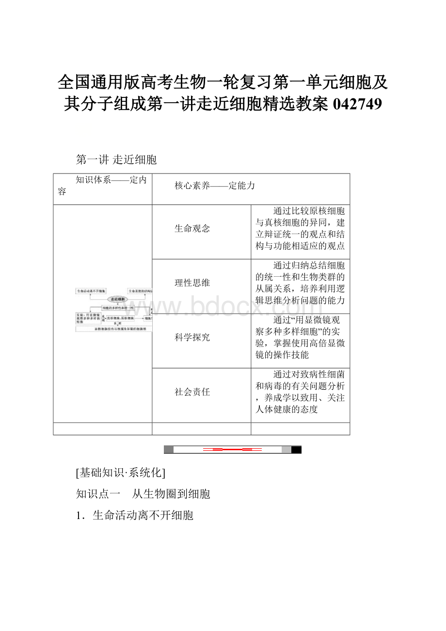 全国通用版高考生物一轮复习第一单元细胞及其分子组成第一讲走近细胞精选教案042749Word文档下载推荐.docx