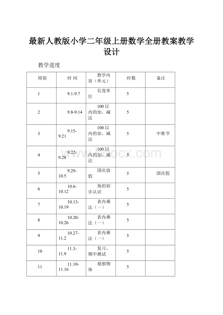 最新人教版小学二年级上册数学全册教案教学设计Word文件下载.docx_第1页