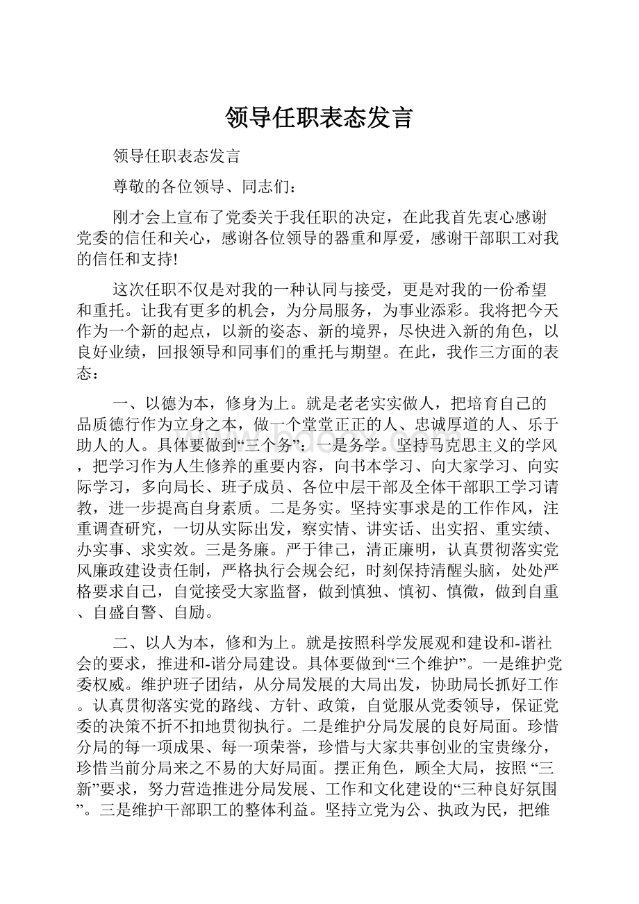 领导任职表态发言Word格式文档下载.docx