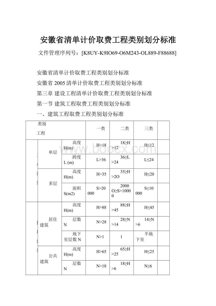 安徽省清单计价取费工程类别划分标准文档格式.docx