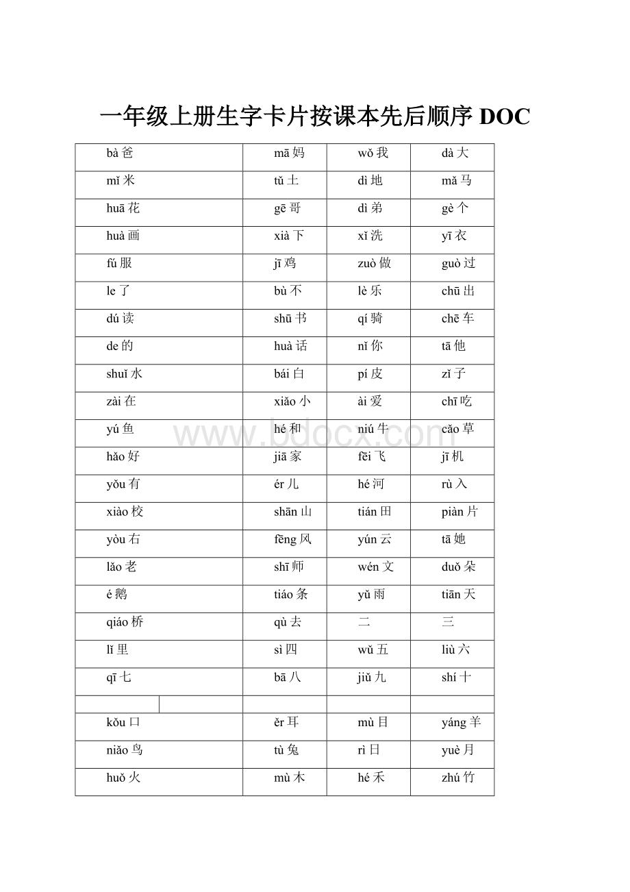 一年级上册生字卡片按课本先后顺序DOCWord格式.docx_第1页