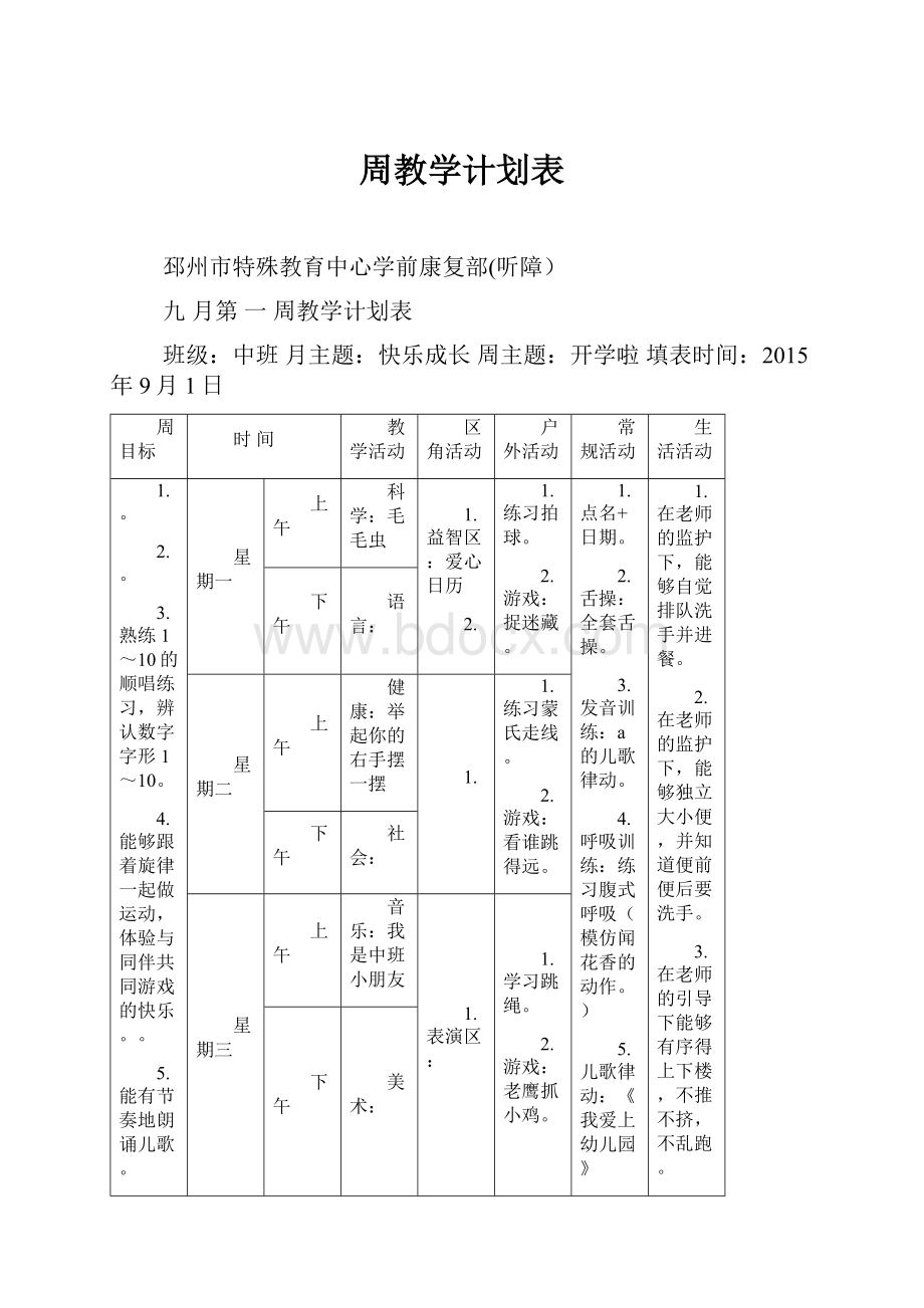 周教学计划表Word格式.docx