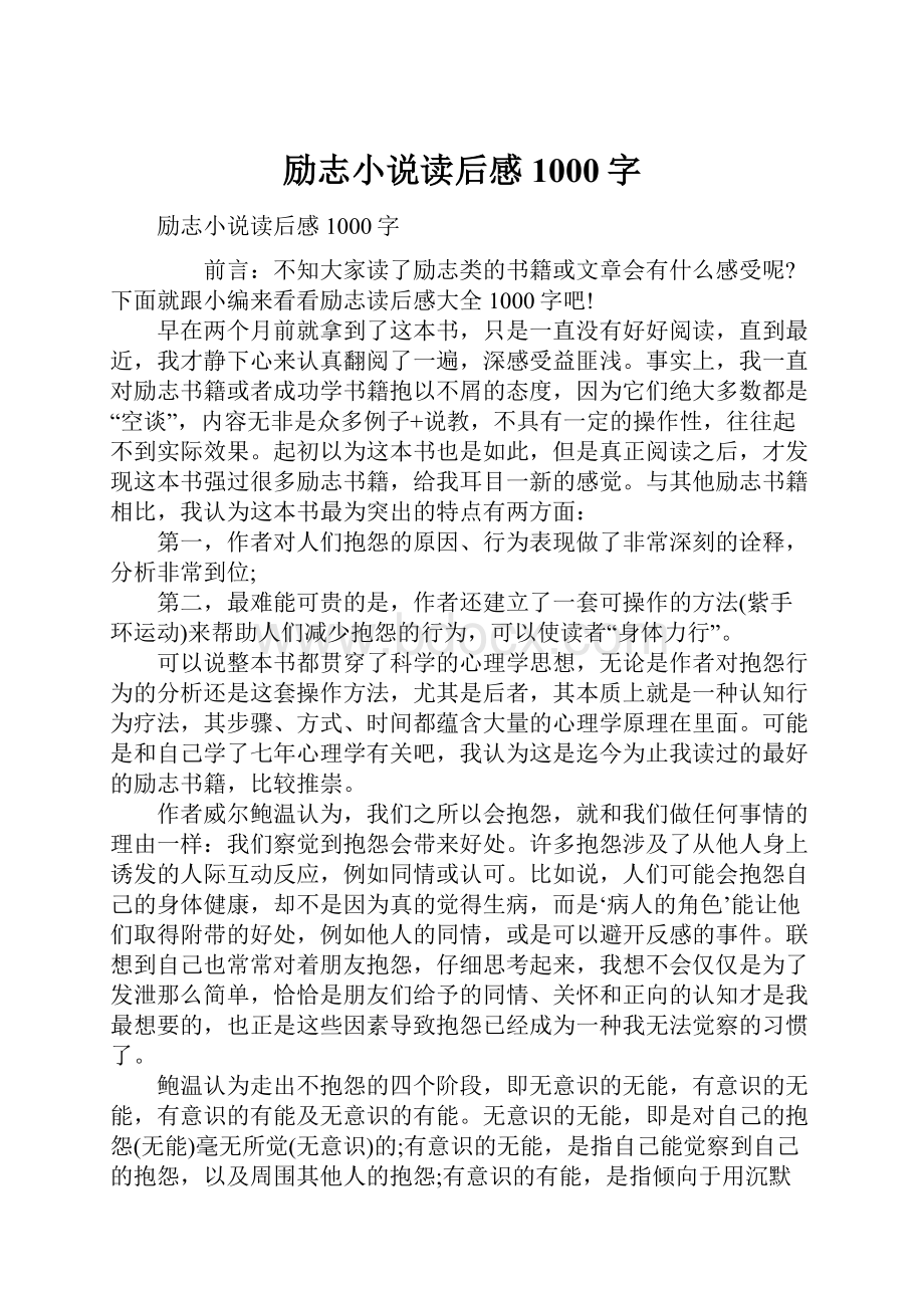 励志小说读后感1000字Word下载.docx