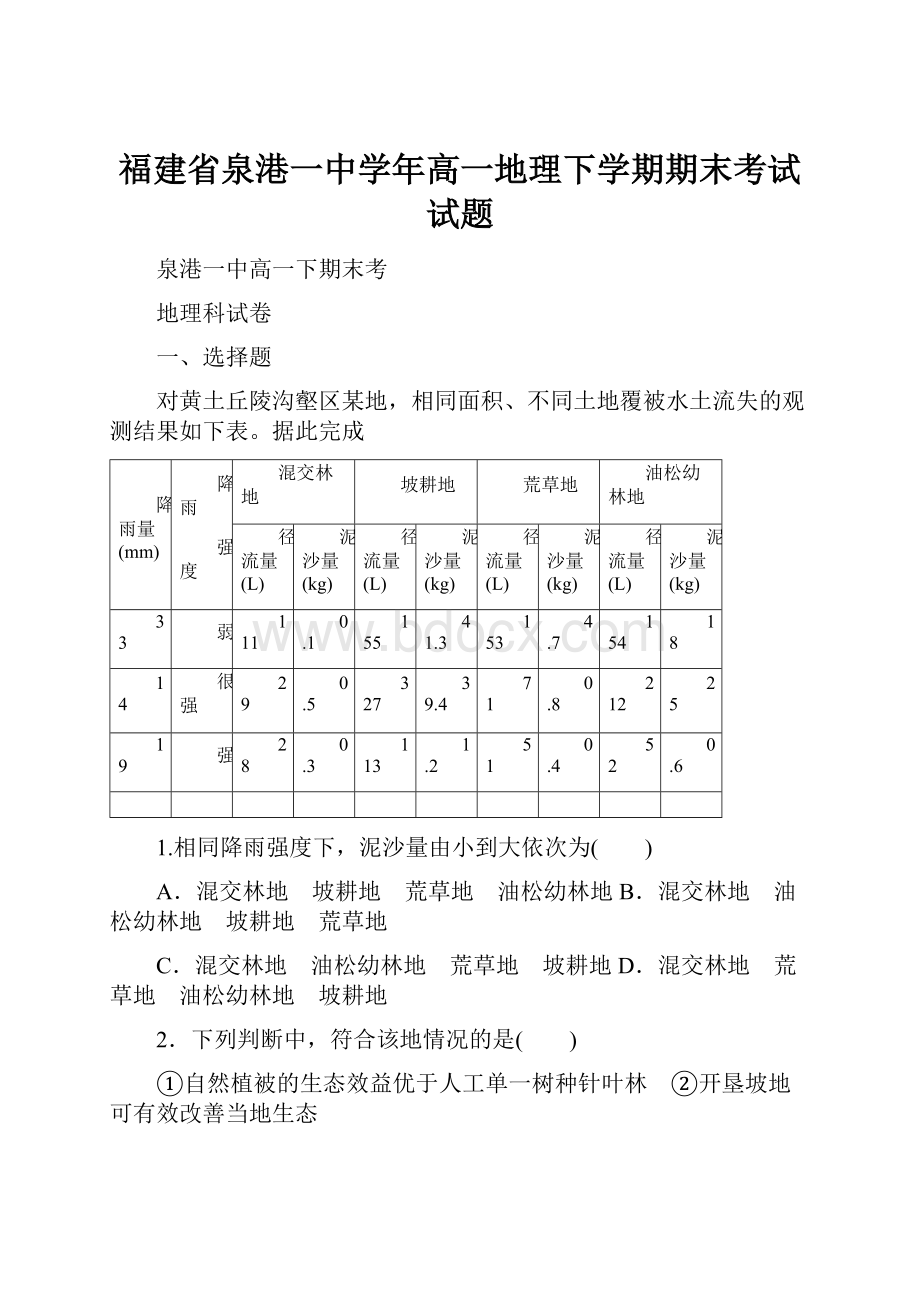 福建省泉港一中学年高一地理下学期期末考试试题.docx