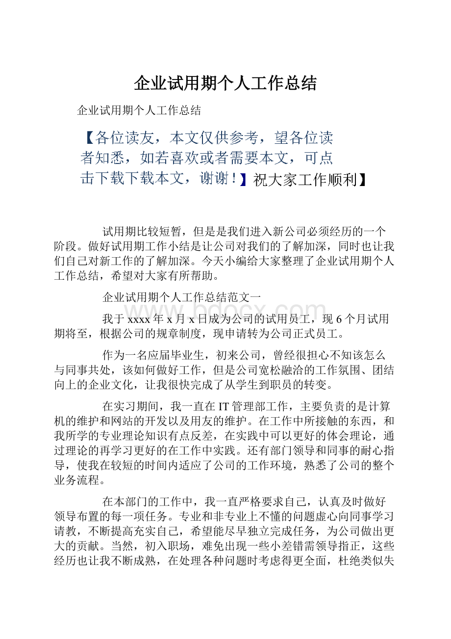 企业试用期个人工作总结.docx_第1页