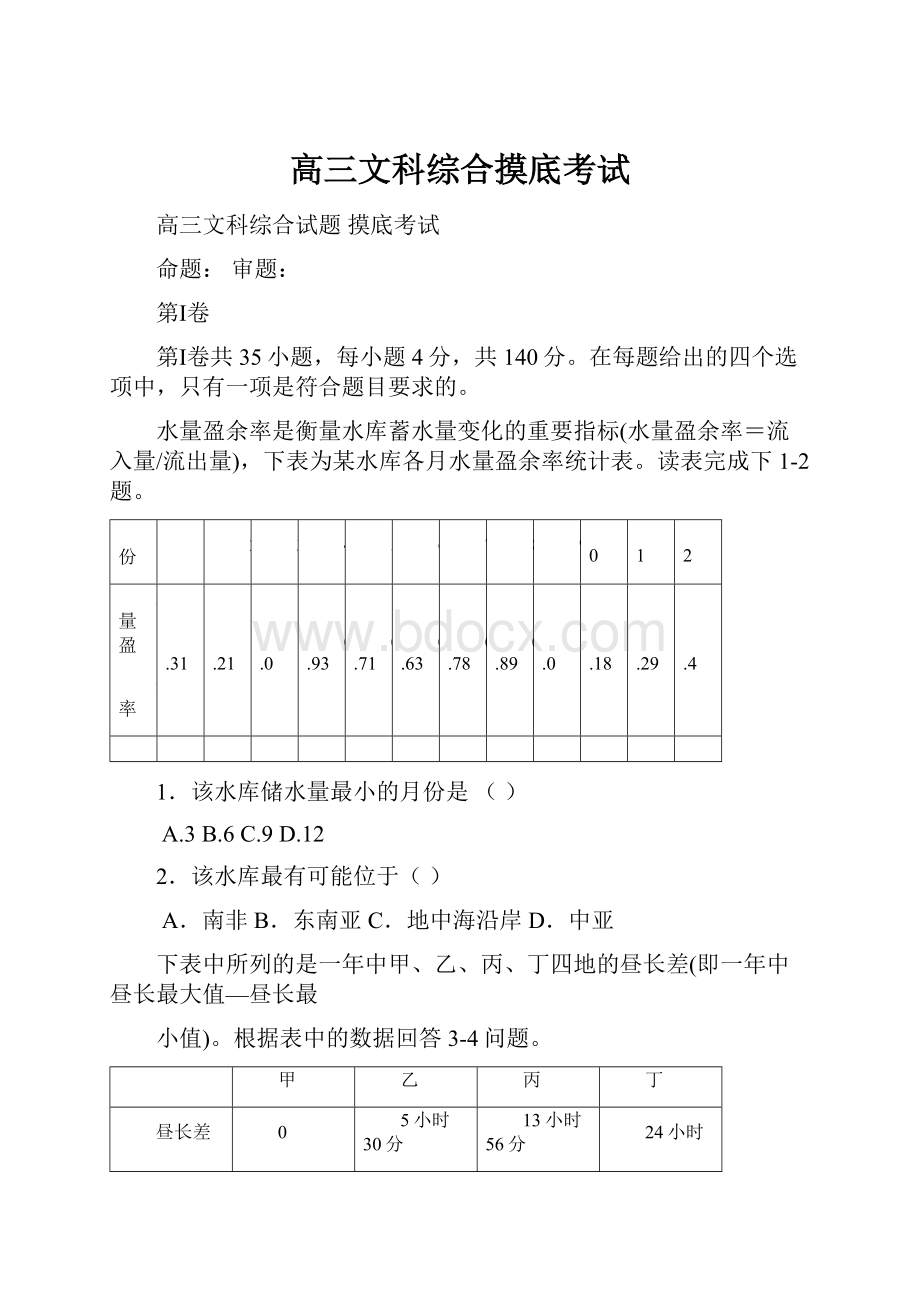 高三文科综合摸底考试.docx_第1页