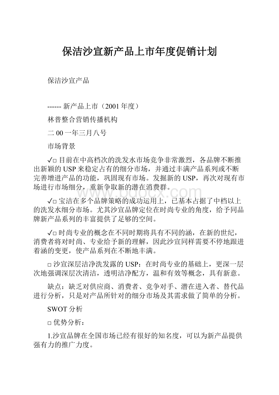 保洁沙宣新产品上市年度促销计划Word格式文档下载.docx