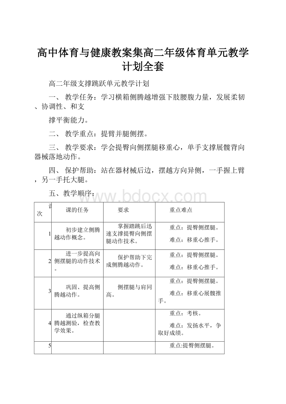 高中体育与健康教案集高二年级体育单元教学计划全套Word文档格式.docx