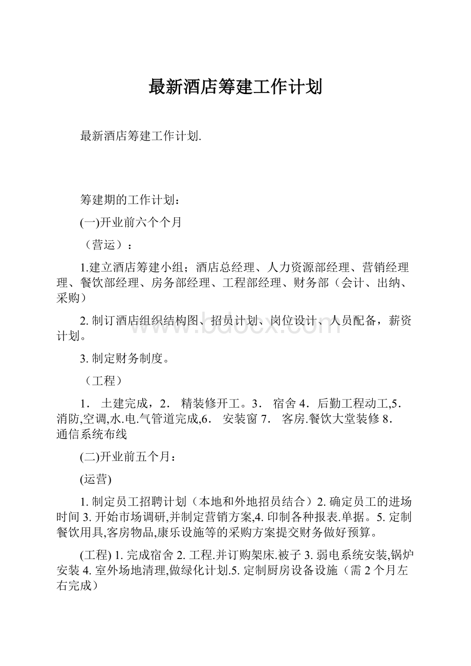 最新酒店筹建工作计划Word文档格式.docx_第1页