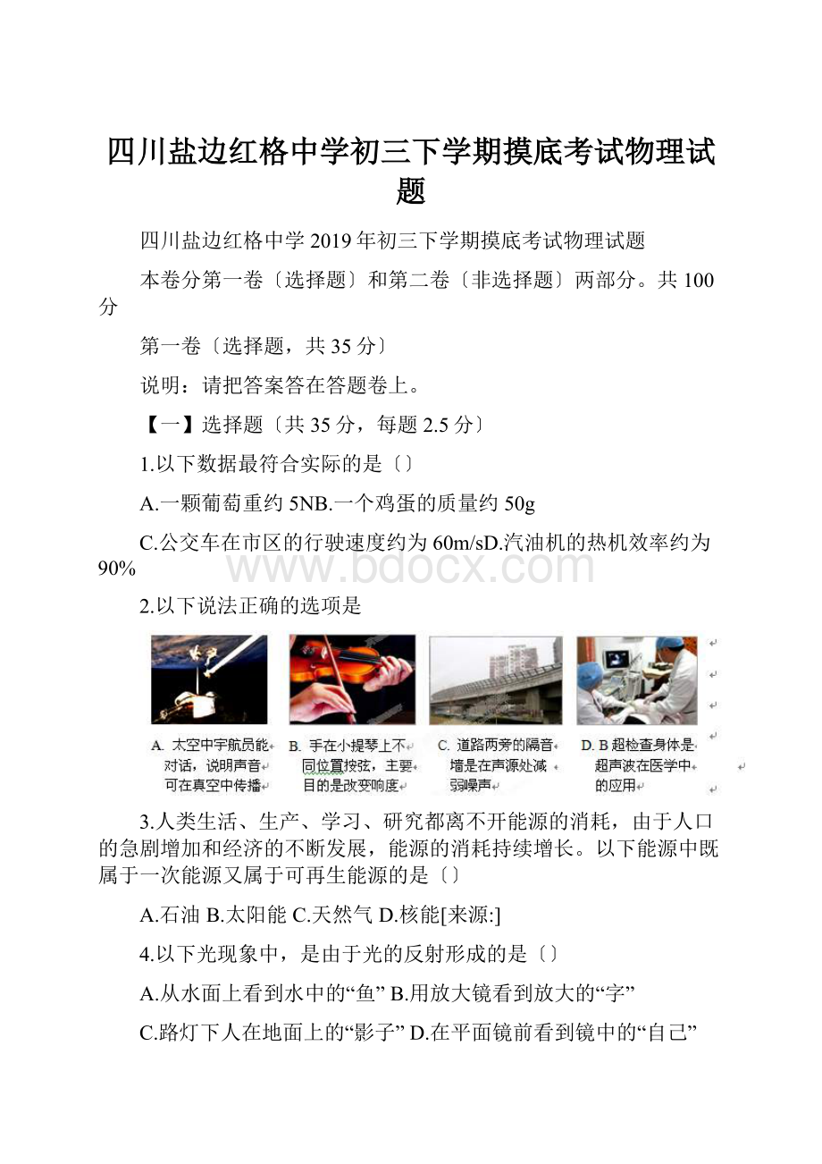 四川盐边红格中学初三下学期摸底考试物理试题.docx_第1页