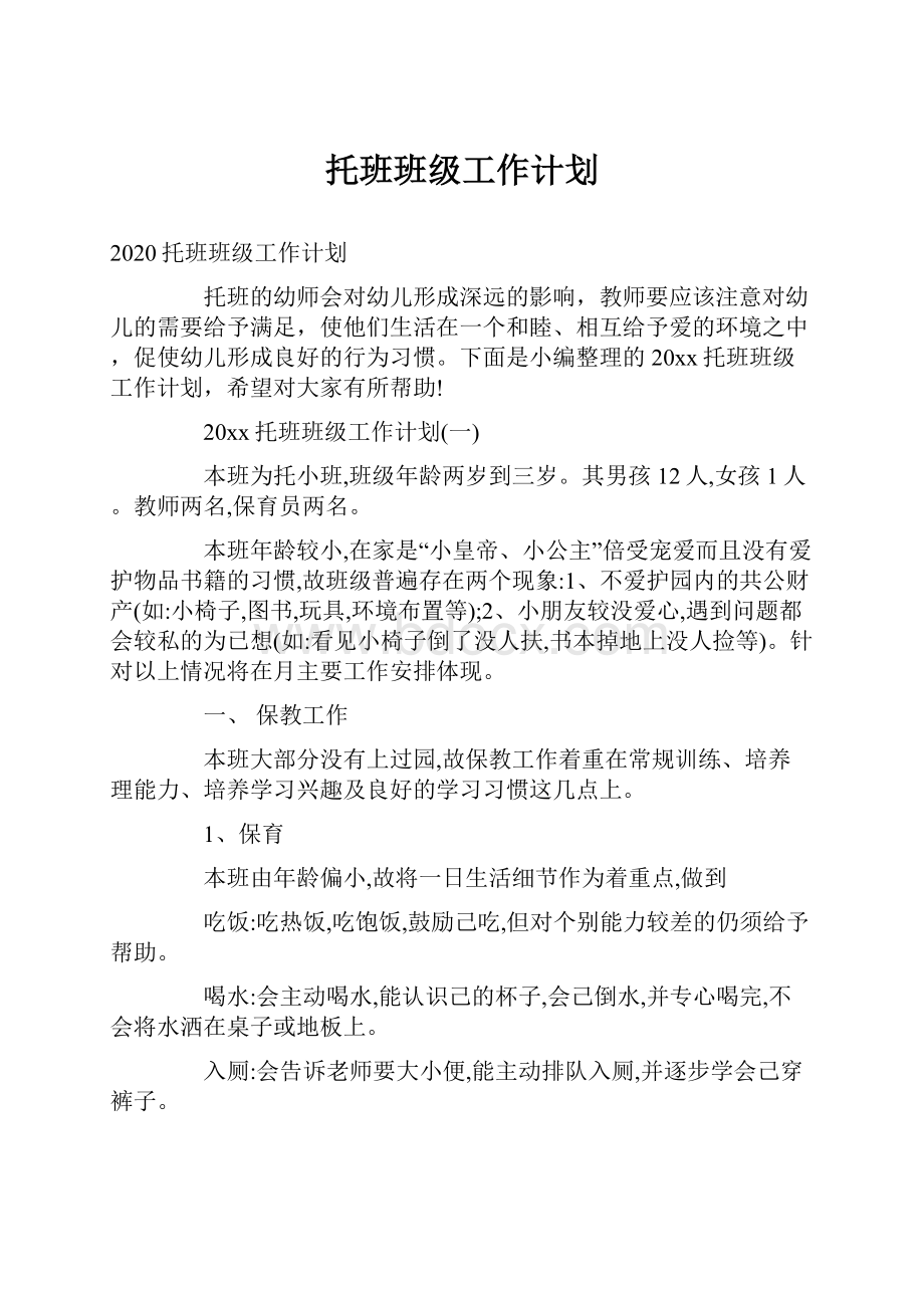 托班班级工作计划Word文档格式.docx