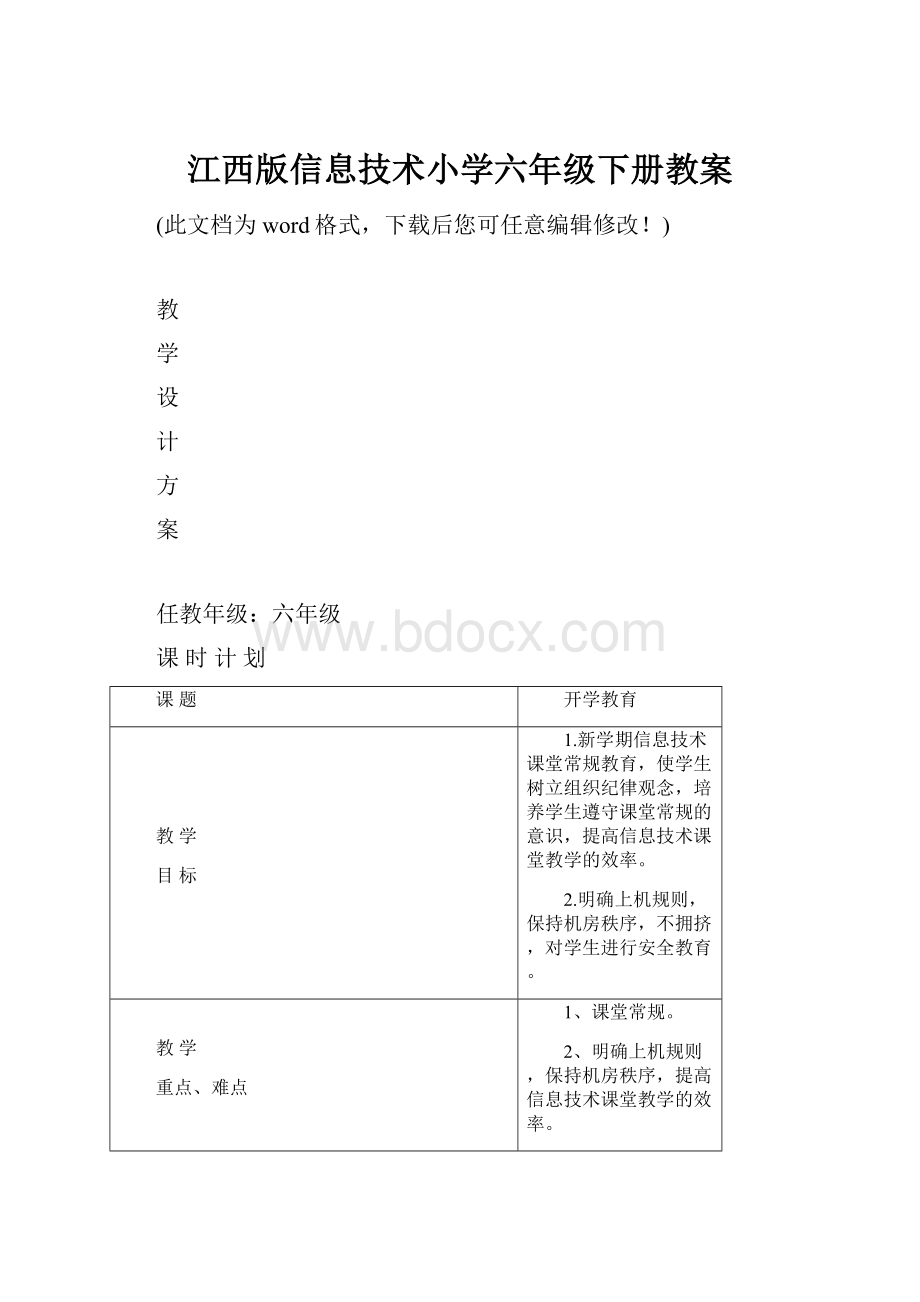 江西版信息技术小学六年级下册教案Word格式文档下载.docx_第1页