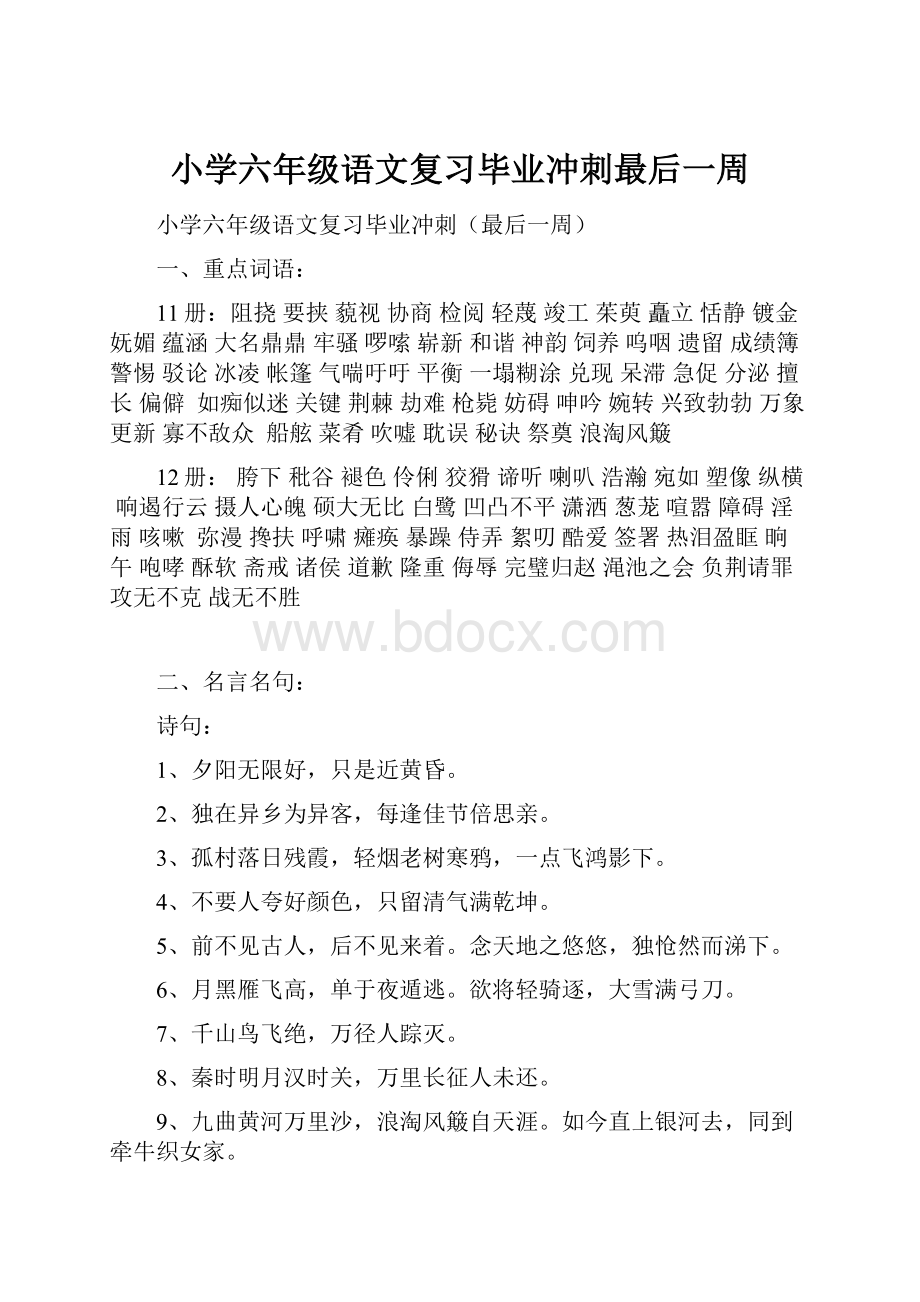 小学六年级语文复习毕业冲刺最后一周.docx