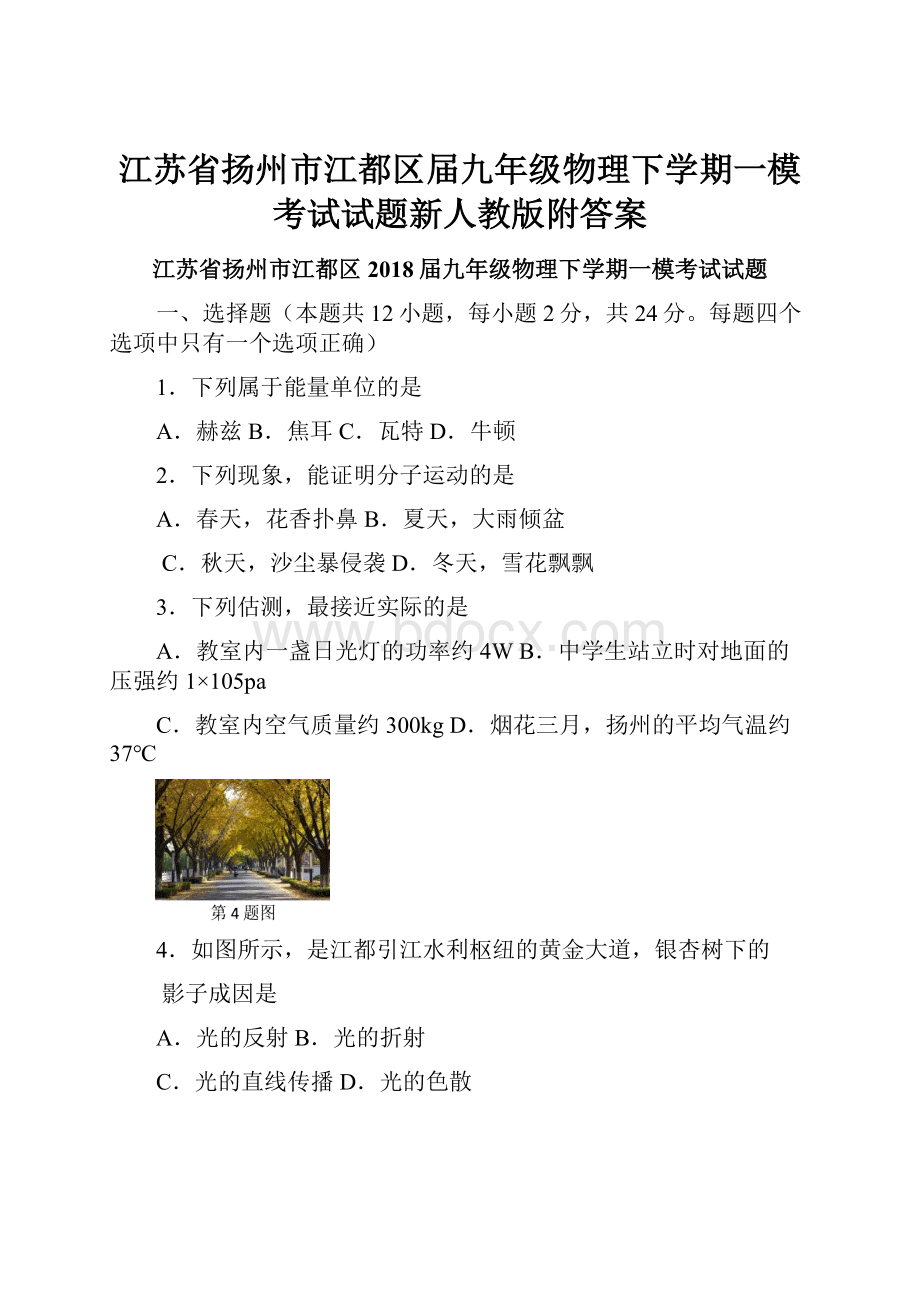 江苏省扬州市江都区届九年级物理下学期一模考试试题新人教版附答案.docx