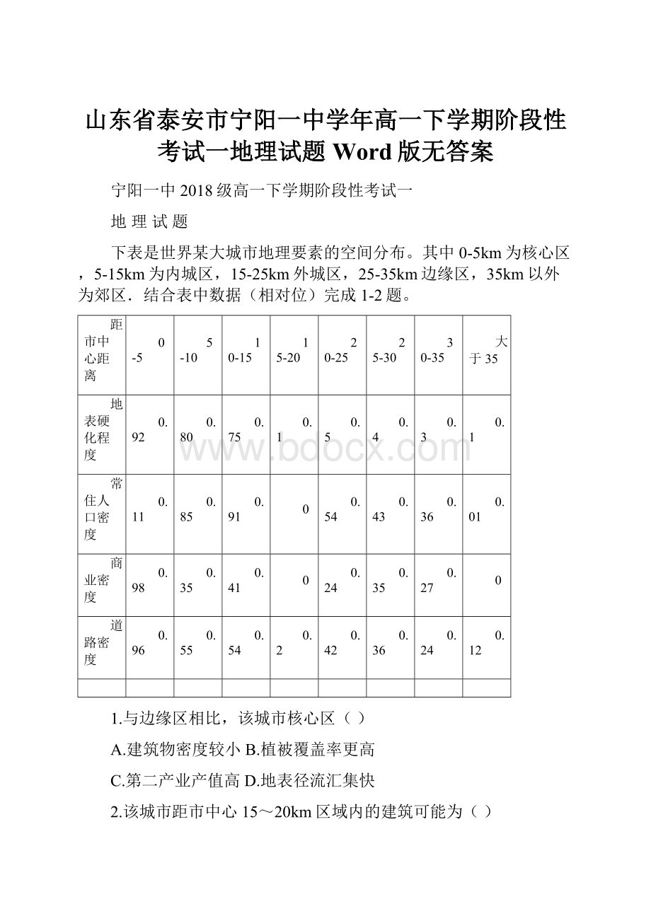 山东省泰安市宁阳一中学年高一下学期阶段性考试一地理试题 Word版无答案Word格式文档下载.docx_第1页