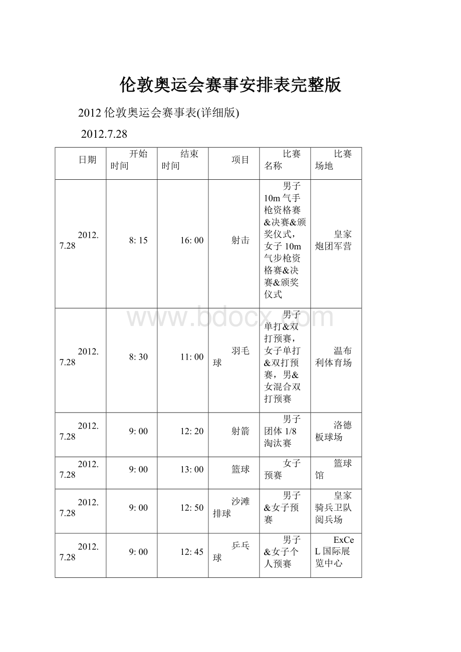 伦敦奥运会赛事安排表完整版Word下载.docx