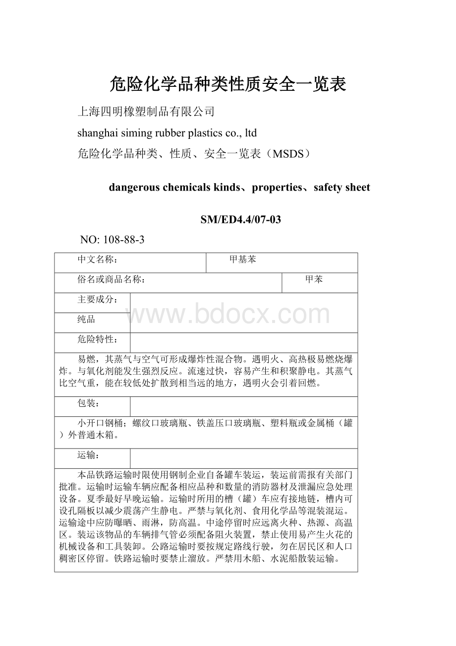 危险化学品种类性质安全一览表Word文档格式.docx