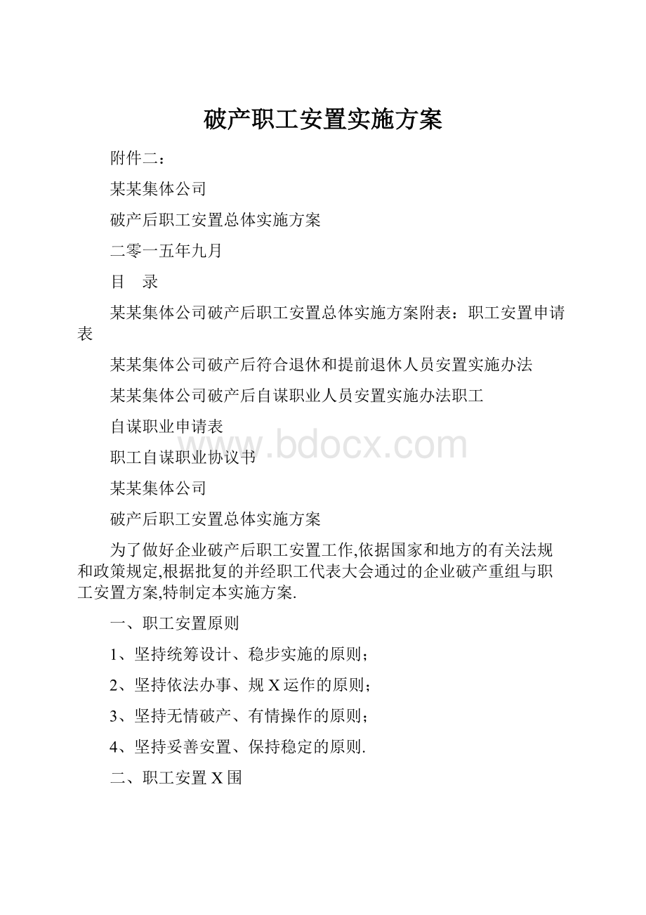 破产职工安置实施方案Word下载.docx