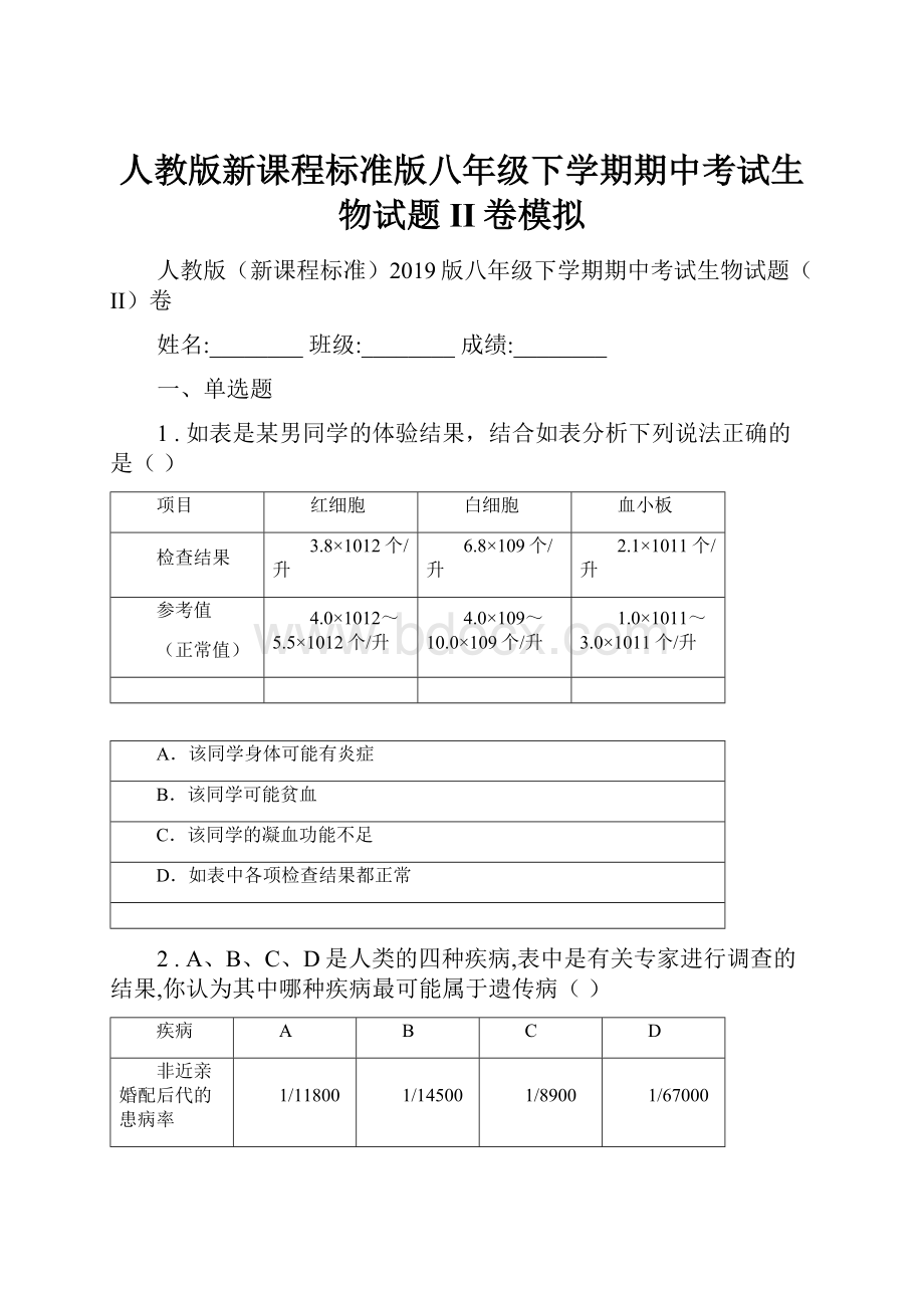 人教版新课程标准版八年级下学期期中考试生物试题II卷模拟.docx