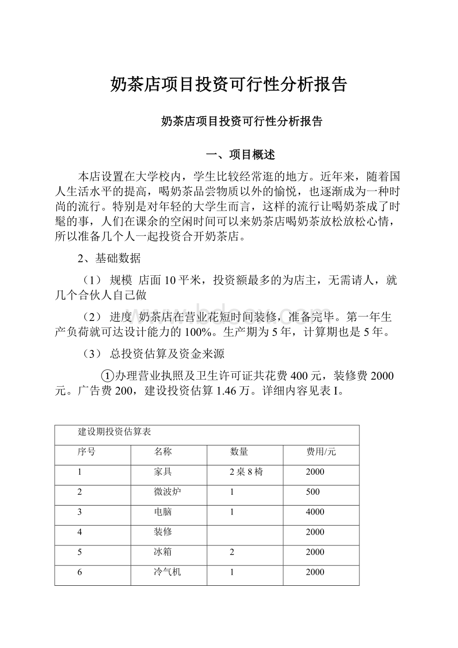 奶茶店项目投资可行性分析报告Word文件下载.docx_第1页