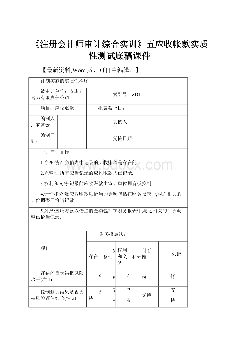 《注册会计师审计综合实训》五应收帐款实质性测试底稿课件.docx