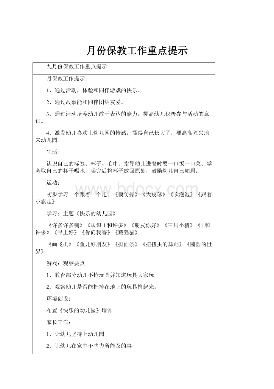 月份保教工作重点提示Word下载.docx