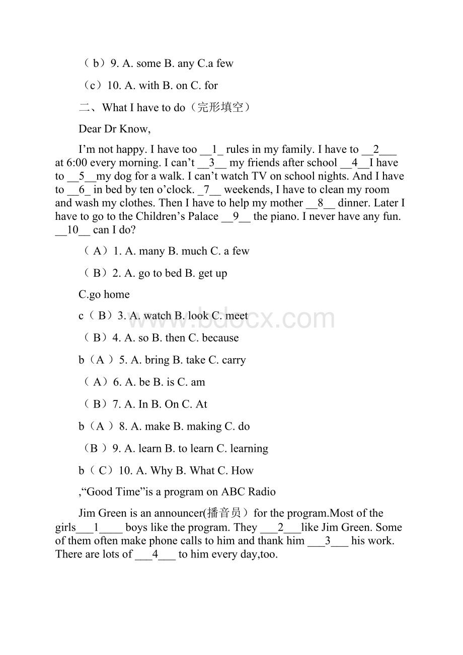 初一英语完形填空练习Word下载.docx_第3页